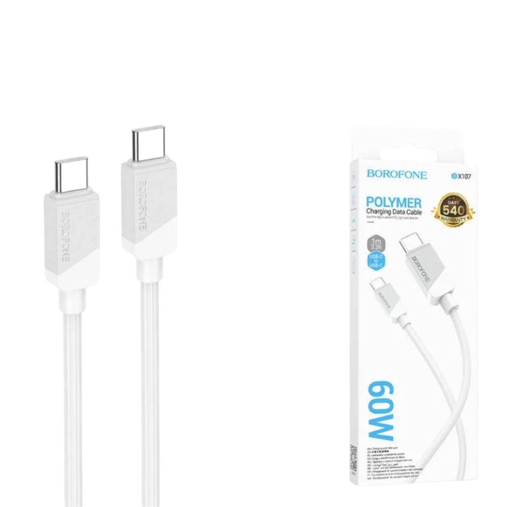342 Borofone BX107 Excellent – كابل شحن ونقل بيانات (Type-C إلى Type-C) – أبيض - الصورة 1