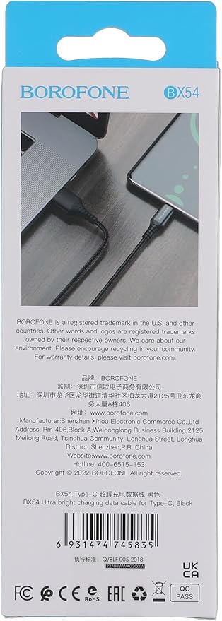 71yUz4Fwo7L._AC_SY879_ Borofone BX54 Ultra Bright – كابل شحن ونقل بيانات (Type-C) – أسود – 1 متر - الصورة 2