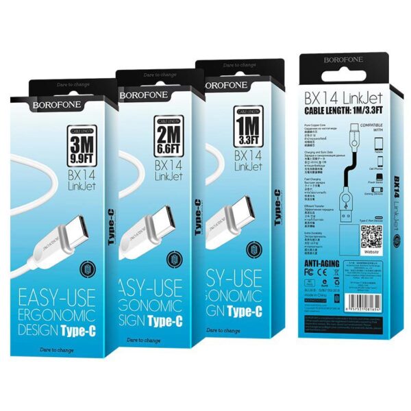 Borofone BX14 LinkJet – كابل USB Type-C (طول 3 متر، أبيض)