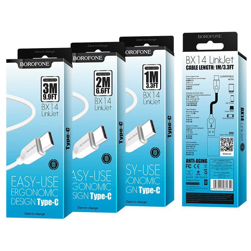 borofone-bx14-linkjet-type-c-usb-charging-data-cable-package-800x800 Borofone BX14 LinkJet – كابل USB Type-C (طول 3 متر، أبيض) - الصورة 1